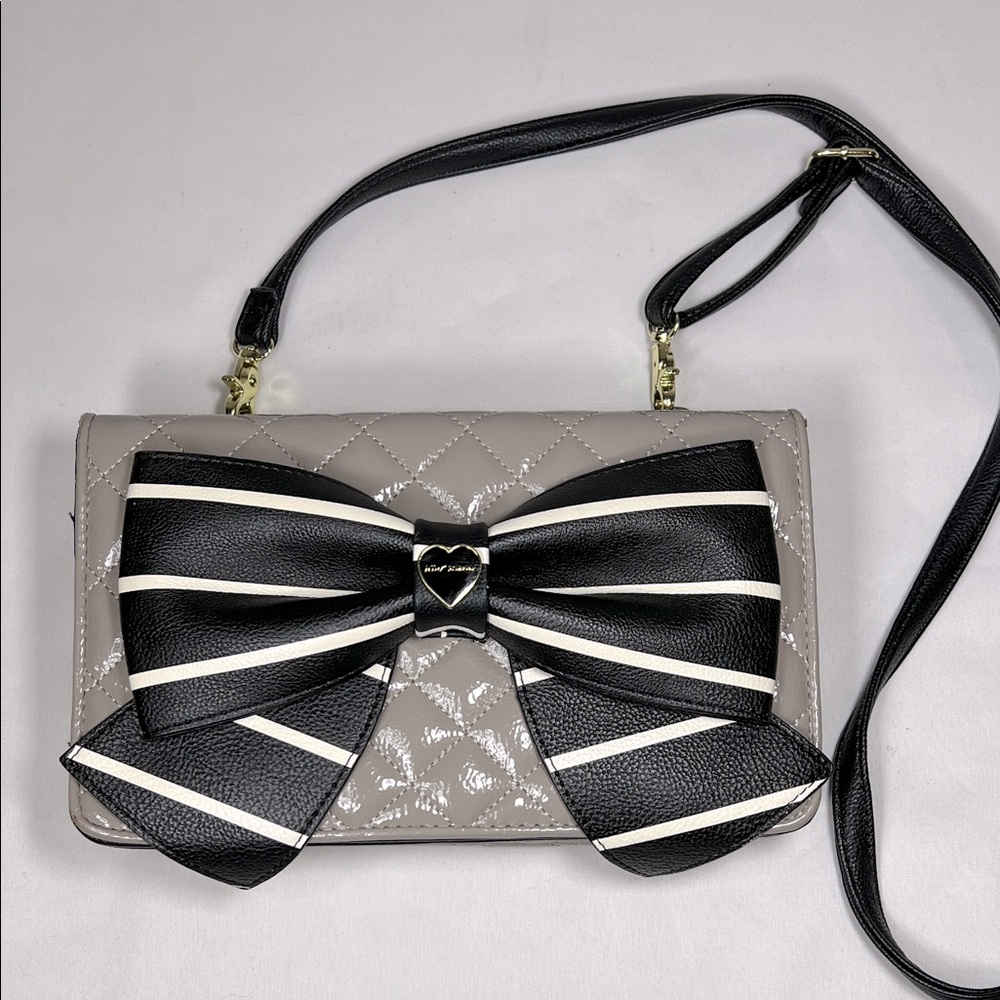 Betsey Johnson Tan Quilted Crossbody Bag with Black Bow Detail